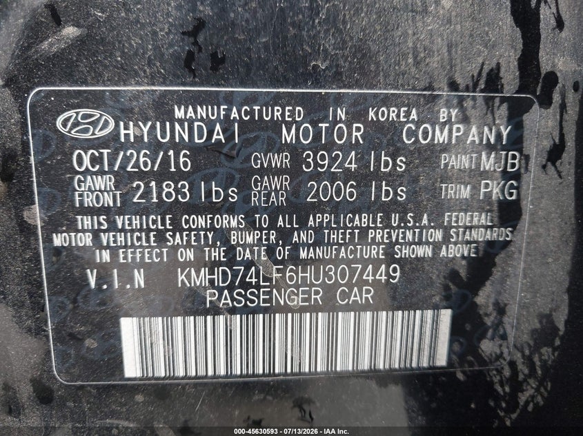 2017 Hyundai Elantra VIN KMHD74LF6HU307449 IAAI salvage auction — NORMAL WEAR, Salvage Title, sold $450 on 2026-07-29 (photo 9)