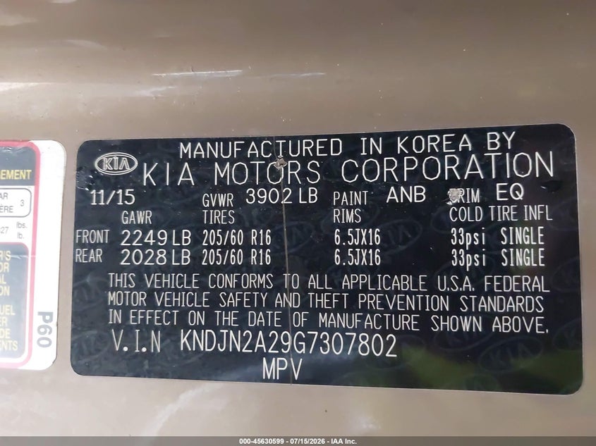 2016 Kia Soul VIN KNDJN2A29G7307802 IAAI salvage auction — THEFT, Original (Texas), sold $900 on 2026-07-29 (photo 9)