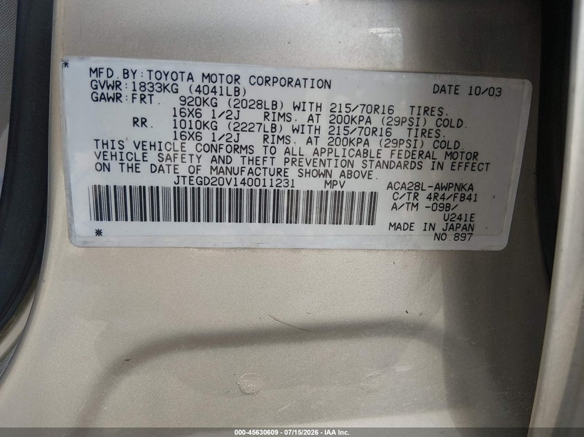 2004 Toyota Rav4 VIN JTEGD20V140011231 IAAI salvage auction — NORMAL WEAR, Clear (Nevada), sold $300 on 2026-07-24 (photo 9)