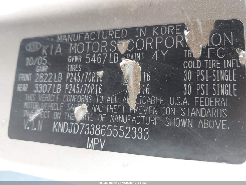 2006 Kia Sorento VIN KNDJD733865552333 IAAI salvage auction — NORMAL WEAR, Clear (Arizona), sold $150 on 2026-07-30 (photo 9)