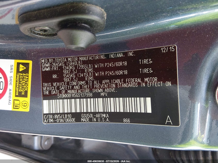 2016 Toyota Highlander VIN 5TDKKRFH5GS127998 IAAI salvage auction — REAR END, Salvage (Alabama), sold $5,700 on 2026-08-02 (photo 9)