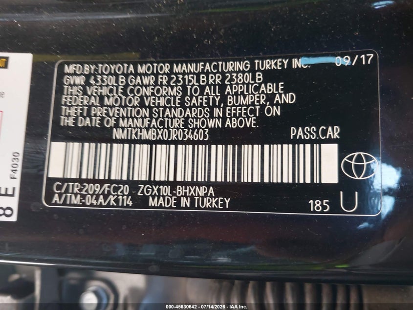 2018 Toyota C-hr VIN NMTKHMBX0JR034603 IAAI salvage auction — FRONT END, Salvage Title, sold $4,750 on 2026-07-24 (photo 9)