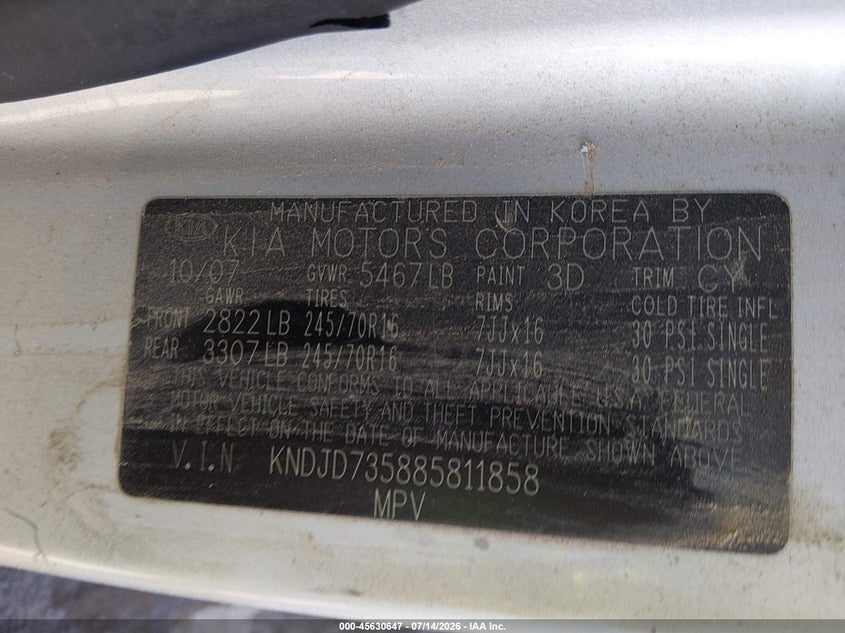 2008 Kia Sorento VIN KNDJD735885811858 IAAI salvage auction — NORMAL WEAR, Clear (New Mexico), sold $900 on 2026-07-20 (photo 9)