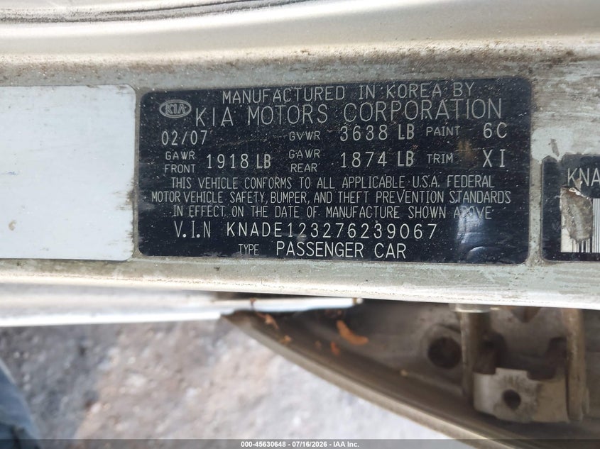 2007 Kia Rio VIN KNADE123276239067 IAAI salvage auction — NORMAL WEAR, Clear (New Mexico), sold $25 on 2026-07-29 (photo 9)