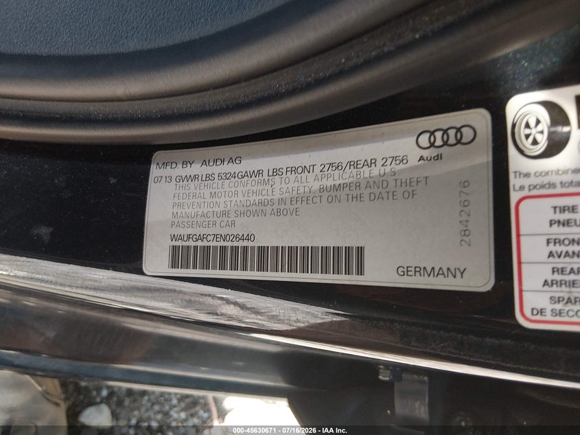 2014 Audi A6 VIN WAUFGAFC7EN026440 IAAI salvage auction — FRONT END, Original (West Virginia), sold $900 on 2026-07-29 (photo 9)
