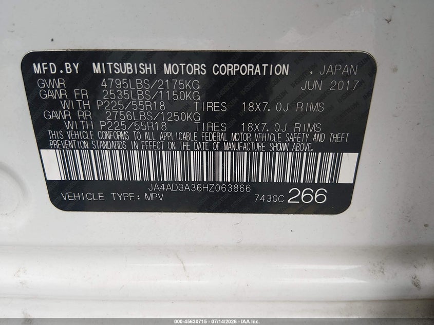 2017 Mitsubishi Outlander VIN JA4AD3A36HZ063866 IAAI salvage auction — REAR END, Repossession Paperwork (North Carolina), sold $2,300 on 2026-07-22 (photo 9)