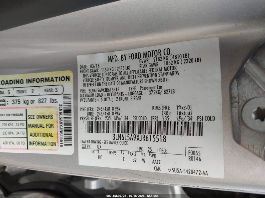2018 Lincoln Mkz VIN 3LN6L5A9XJR615518 IAAI salvage auction — ROOF, Salvage Title, sold $3,050 on 2026-07-31 (photo 9)
