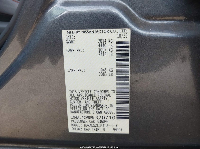 2023 Nissan Altima VIN 1N4AL4CV0PN320710 IAAI salvage auction — LEFT REAR, Rebuildable (Florida), sold $9,000 on 2026-08-01 (photo 9)