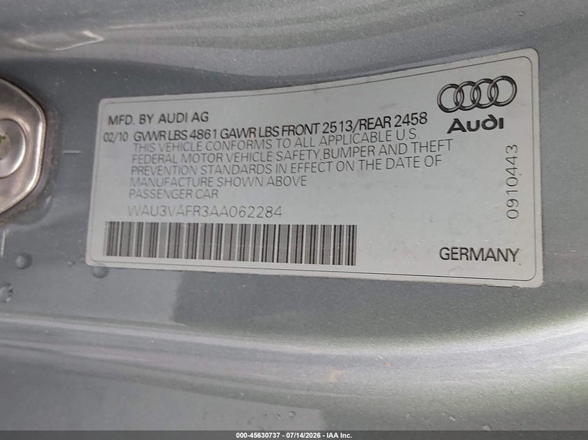 2010 Audi S5 VIN WAU3VAFR3AA062284 IAAI salvage auction — NORMAL WEAR, Salvage (Georgia), sold $225 on 2026-07-22 (photo 9)