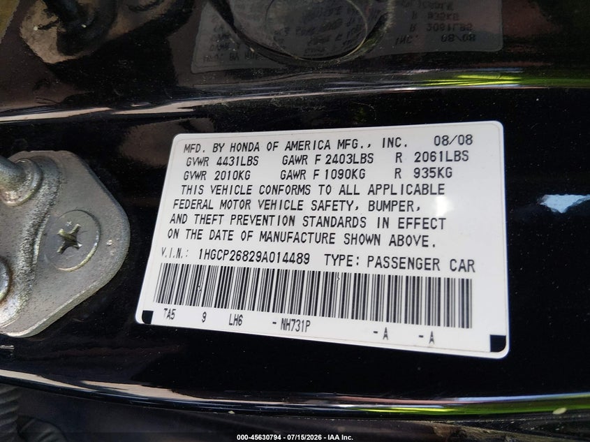 2009 Honda Accord VIN 1HGCP26829A014489 IAAI salvage auction — UNKNOWN, Original (Texas), sold $25 on 2026-07-20 (photo 9)