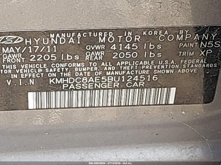 2011 Hyundai Elantra VIN KMHDC8AE5BU124516 IAAI salvage auction — NORMAL WEAR, Clear (New York), sold $100 on 2026-07-28 (photo 9)