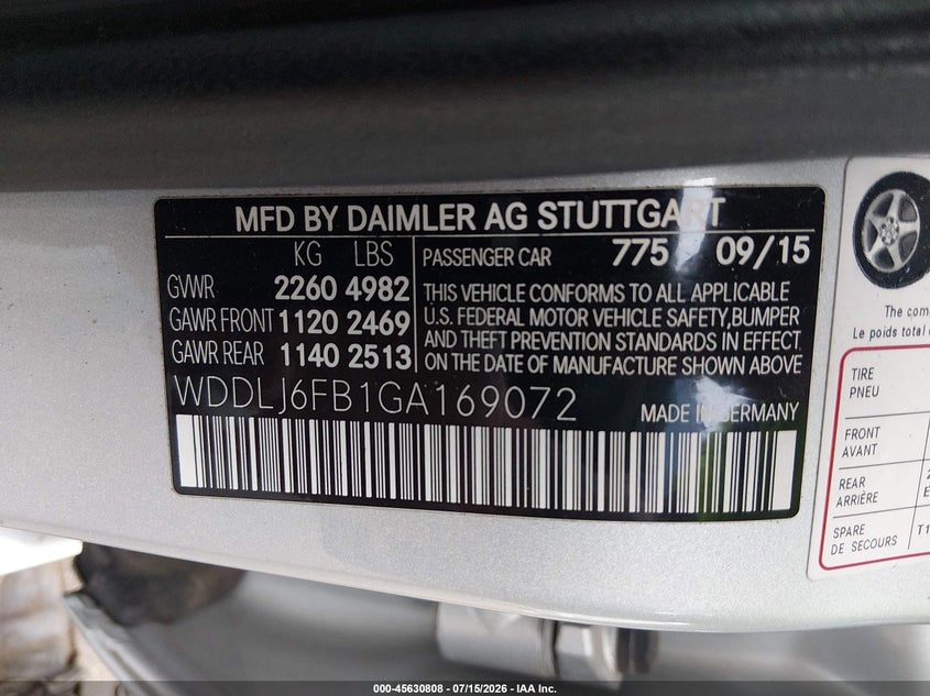 2016 Mercedes-benz Clc-klasse VIN WDDLJ6FB1GA169072 IAAI salvage auction — LEFT FRONT, Salvage (Mississippi), sold $4,250 on 2026-08-19 (photo 9)