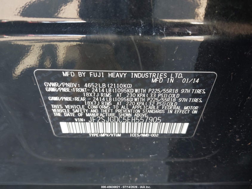 2014 Subaru Forester VIN JF2SJGDC5EH557905 IAAI salvage auction — NORMAL WEAR, Clear-Dealer Only (Oregon), sold $2,775 on 2026-07-30 (photo 9)