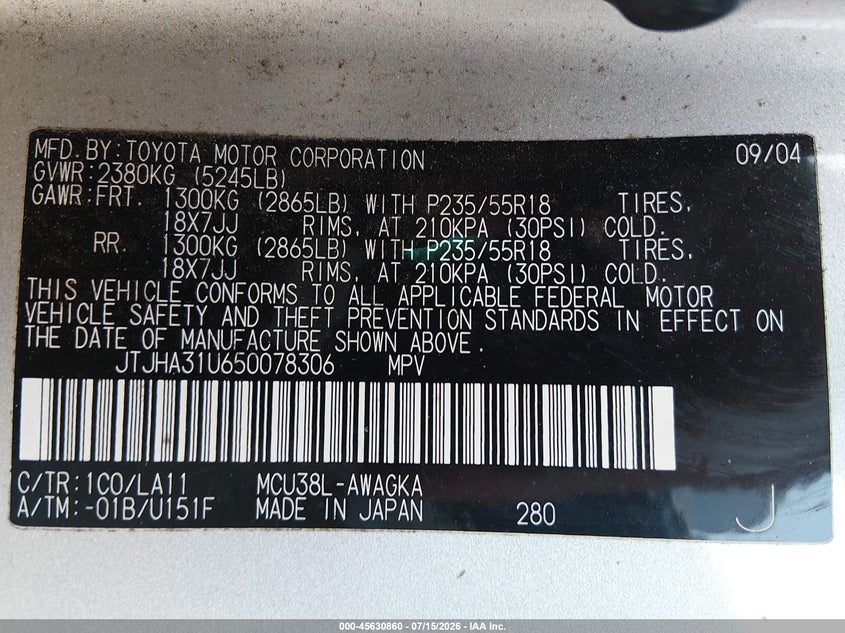 2005 Lexus Rx 330 VIN JTJHA31U650078306 IAAI salvage auction — RIGHT FRONT, Bill Of Sale (Washington), sold $775 on 2026-07-31 (photo 9)