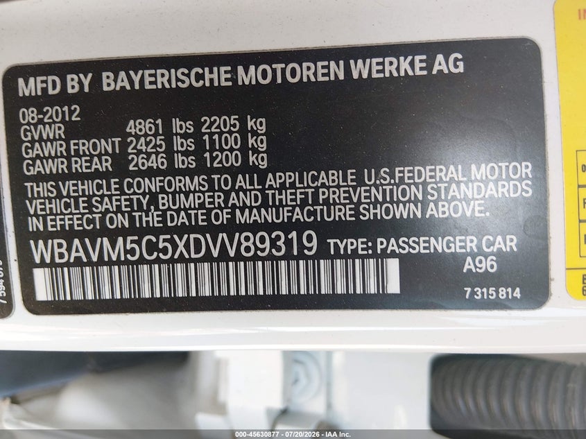 2013 BMW X1 VIN WBAVM5C5XDVV89319 IAAI salvage auction — REAR END, Clear (Massachusetts), sold $1,250 on 2026-07-29 (photo 9)