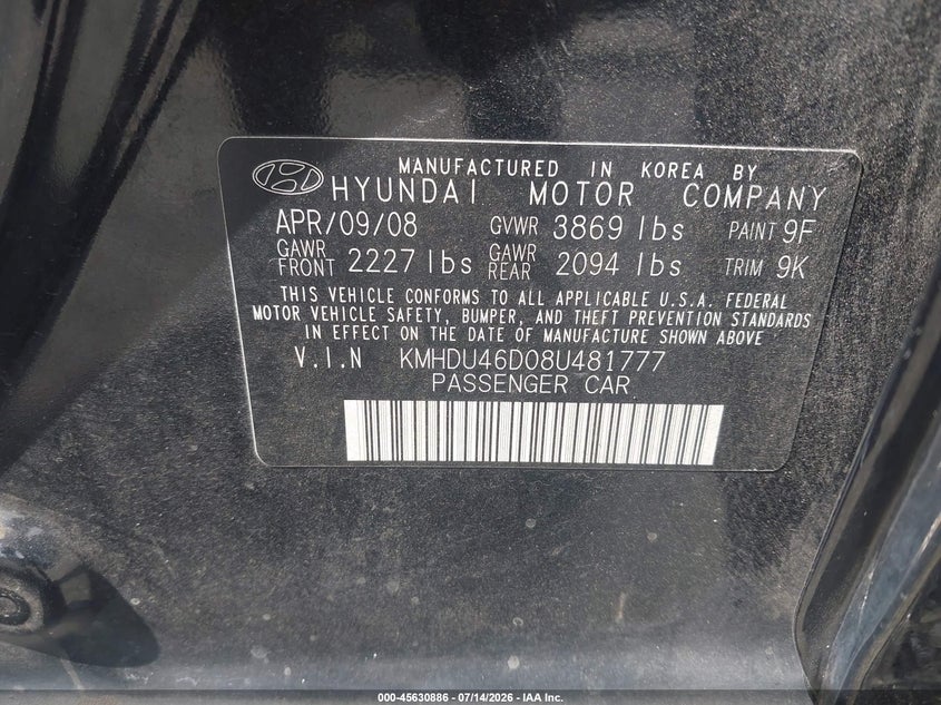 2008 Hyundai Elantra VIN KMHDU46D08U481777 IAAI salvage auction — NORMAL WEAR, Clear (Alabama), sold $25 on 2026-07-22 (photo 9)