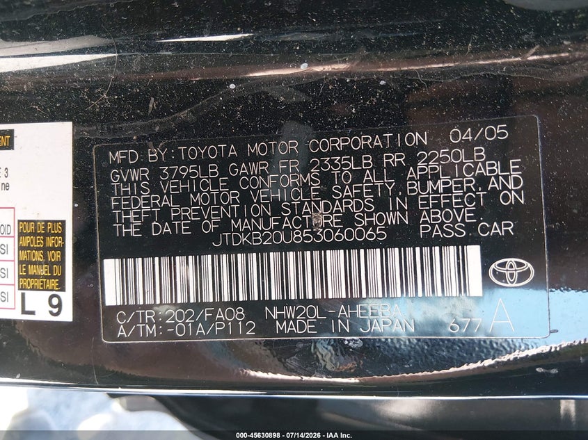 2005 Toyota Prius VIN JTDKB20U853060065 IAAI salvage auction — NORMAL WEAR, Affidavit In Lieu Of Title - Non-Public (Washington), sold $375 on 2026-07-29 (photo 9)