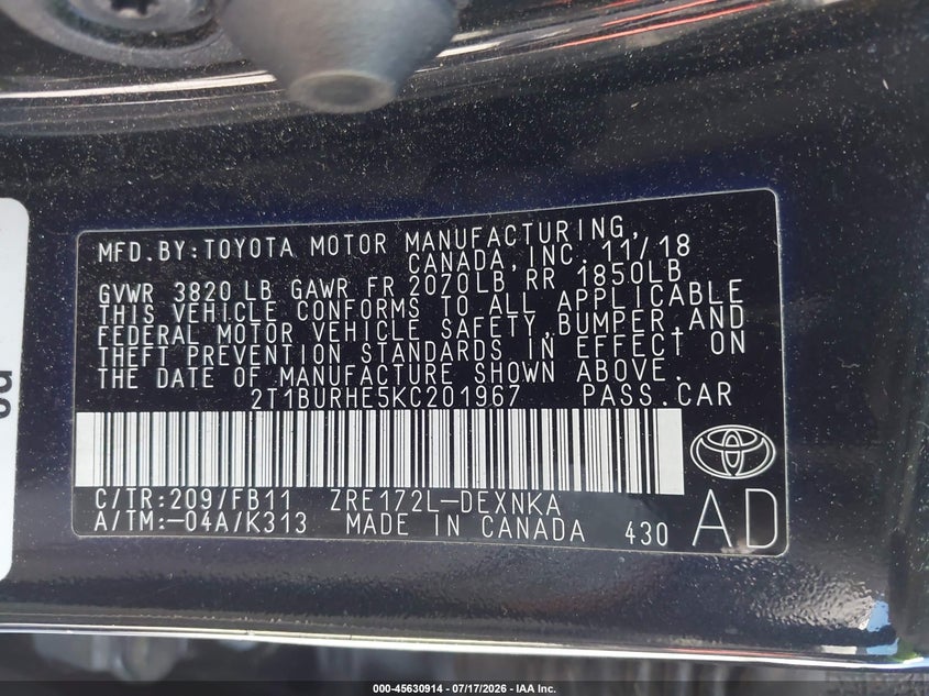 2019 Toyota Corolla VIN 2T1BURHE5KC201967 IAAI salvage auction — NORMAL WEAR, Repossession Paperwork (Georgia), sold $25 on 2026-07-29 (photo 9)