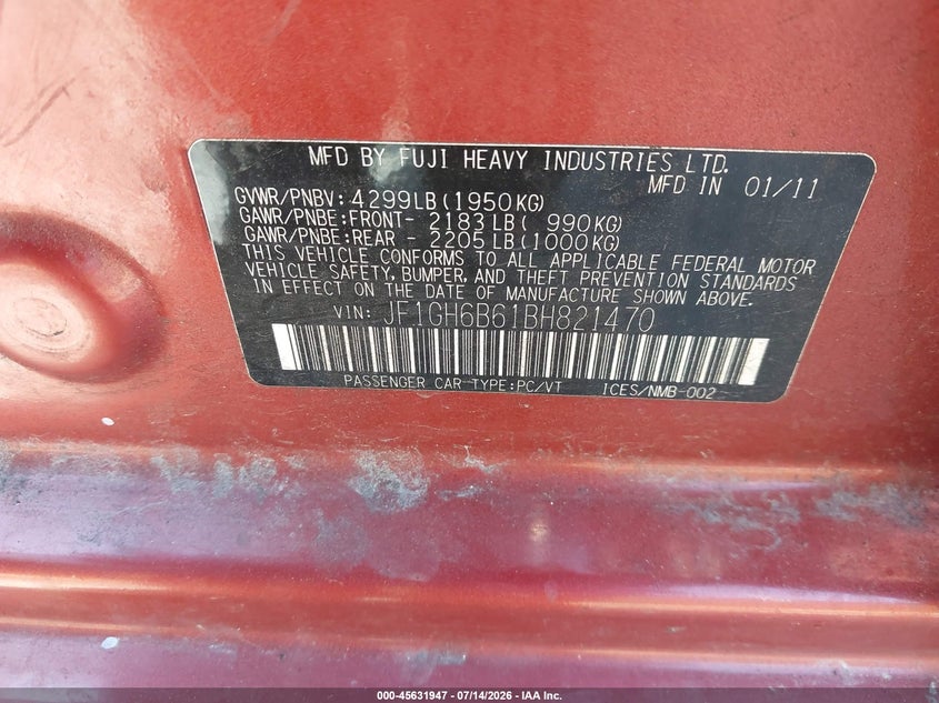 2011 Subaru Impreza VIN JF1GH6B61BH821470 IAAI salvage auction — NORMAL WEAR, Clear - Dealer Only (California), sold $150 on 2026-07-23 (photo 9)