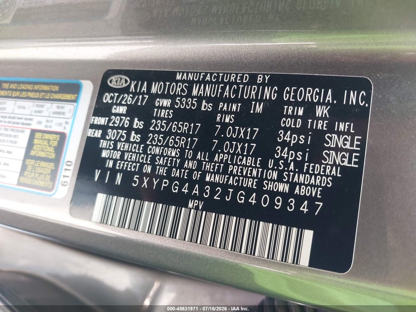 2018 Kia Sorento VIN 5XYPG4A32JG409347 IAAI salvage auction — NORMAL WEAR, Clear (Illinois), sold $3,450 on 2026-07-29 (photo 9)