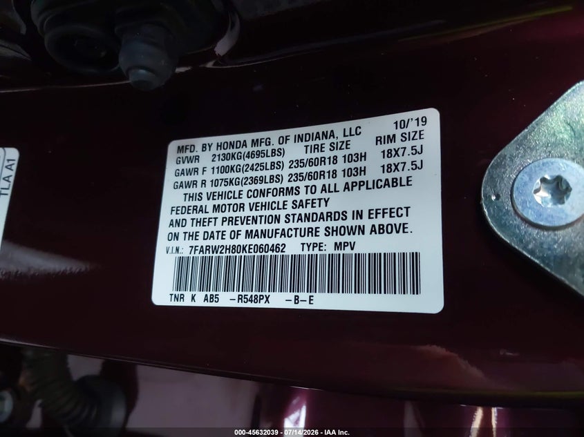 2019 Honda Cr-v VIN 7FARW2H80KE060462 IAAI salvage auction — RIGHT FRONT, Salvage Title, sold $6,300 on 2026-07-30 (photo 9)