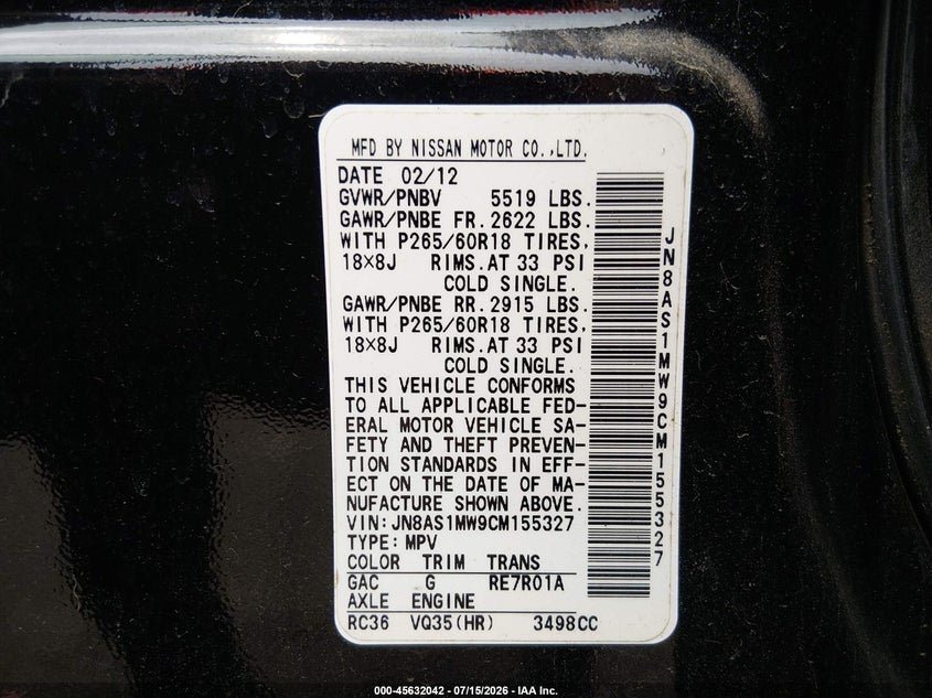 2012 Infiniti Fx35 VIN JN8AS1MW9CM155327 IAAI salvage auction — NORMAL WEAR, Clear (New Jersey), sold $650 on 2026-07-23 (photo 9)