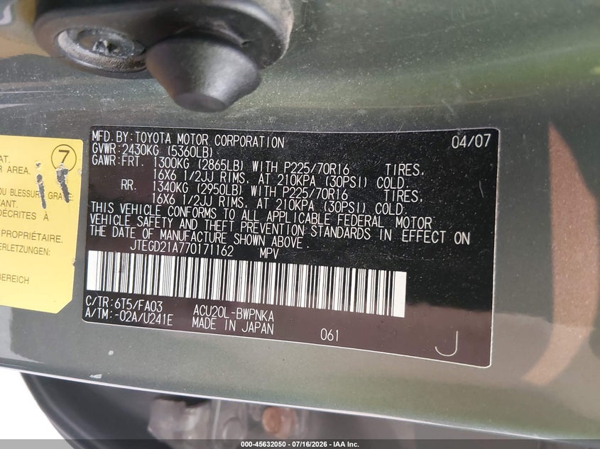 2007 Toyota Highlander VIN JTEGD21A770171162 IAAI salvage auction — NORMAL WEAR, Original (Ohio), sold $325 on 2026-07-21 (photo 9)