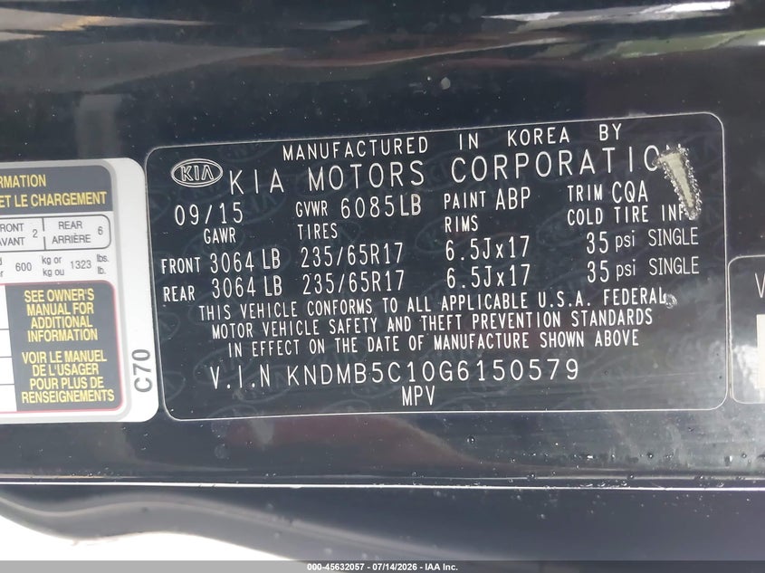 2016 Kia SEDONA VIN KNDMB5C10G6150579 IAAI salvage auction — NORMAL WEAR, Clear (Texas), sold $25 on 2026-07-23 (photo 9)