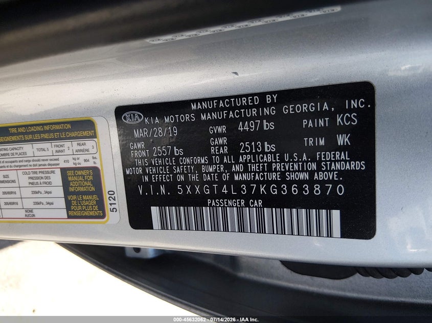 2019 Kia Optima VIN 5XXGT4L37KG363870 IAAI salvage auction — THEFT, Salvage Title, sold $4,250 on 2026-07-30 (photo 9)