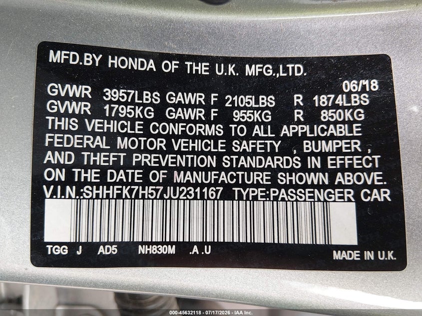 2018 Honda Civic VIN SHHFK7H57JU231167 IAAI salvage auction — NORMAL WEAR, Original (Ohio), sold $3,650 on 2026-07-29 (photo 9)