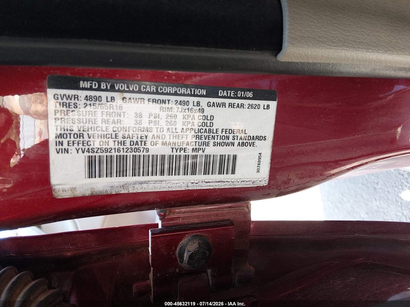 2006 Volvo Xc70 VIN YV4SZ592161230579 IAAI salvage auction — FRONT END, Salvage (Utah), sold $275 on 2026-08-20 (photo 9)