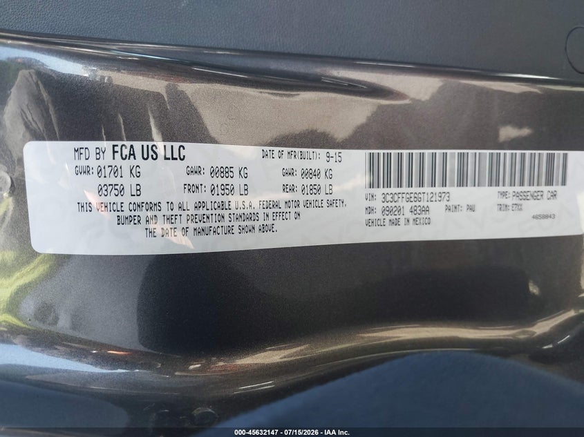 2016 Fiat 500 VIN 3C3CFFGE6GT121973 IAAI salvage auction — REAR END, Salvage Title, sold $700 on 2026-07-29 (photo 9)