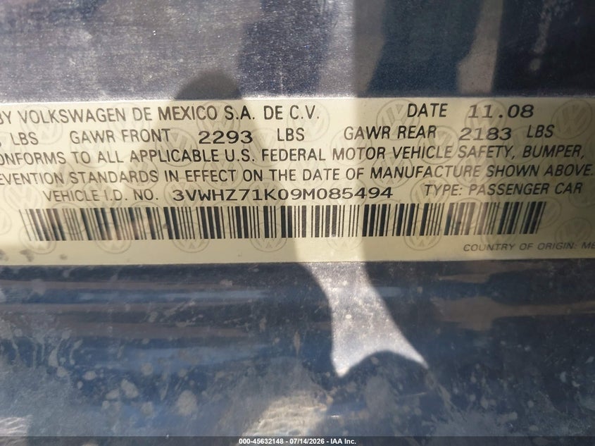 2009 Volkswagen Jetta VIN 3VWHZ71K09M085494 IAAI salvage auction — LEFT & RIGHT, Clear (Virginia), sold $425 on 2026-07-31 (photo 9)