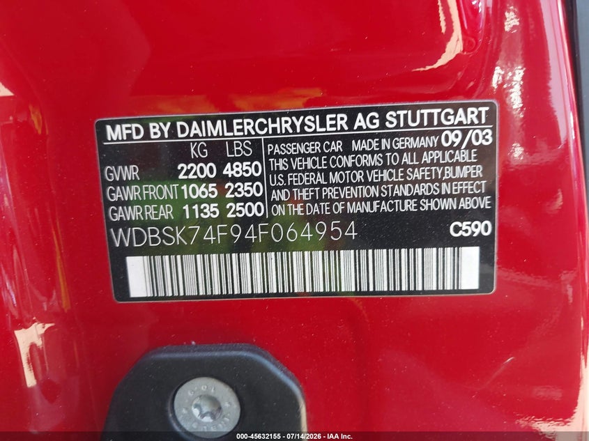 2004 Mercedes-benz Sl-klasse amg VIN WDBSK74F94F064954 IAAI salvage auction — RIGHT FRONT, Salvage (California), sold $1,350 on 2026-07-27 (photo 9)