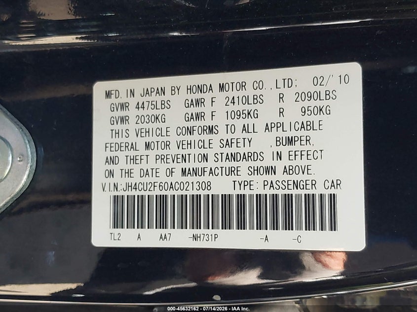 2010 Acura Tsx VIN JH4CU2F60AC021308 IAAI salvage auction — RIGHT REAR, Salvage (California), sold $525 on 2026-07-28 (photo 9)