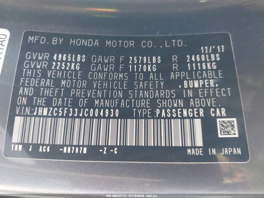 2018 Honda Clarity VIN JHMZC5F33JC004930 IAAI salvage auction — LEFT REAR, Salvage (California), sold $2,650 on 2026-07-29 (photo 9)