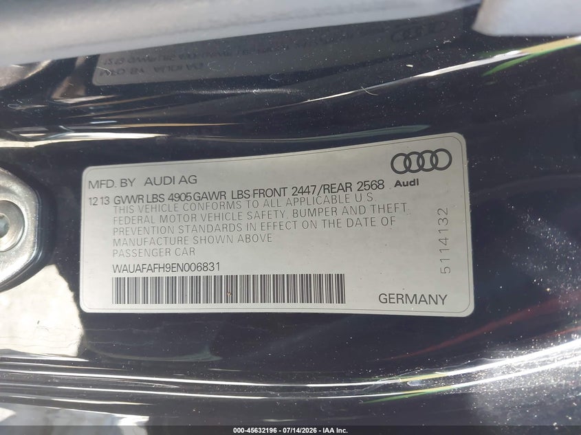 2014 Audi A5 VIN WAUAFAFH9EN006831 IAAI salvage auction — NORMAL WEAR, Clear - Dealer Only (California), sold $2,525 on 2026-07-22 (photo 9)