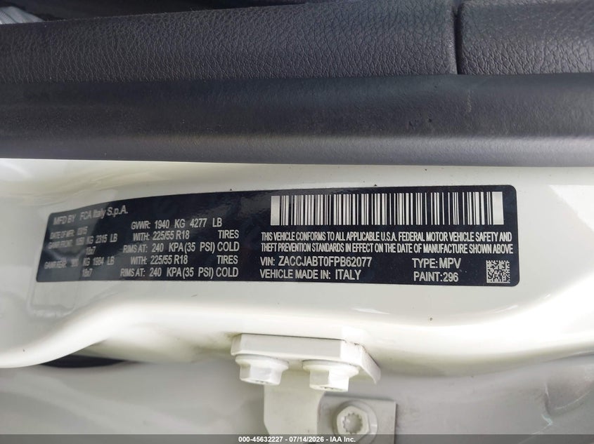 2015 Jeep Renegade VIN ZACCJABT0FPB62077 IAAI salvage auction — ROLLOVER, Salvage Title, sold $450 on 2026-08-11 (photo 9)