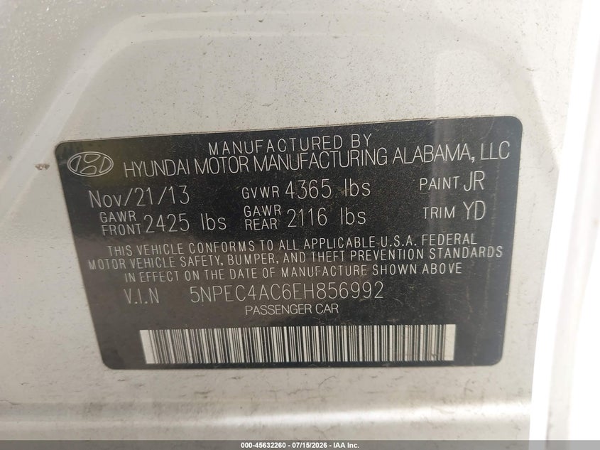 2014 Hyundai Sonata VIN 5NPEC4AC6EH856992 IAAI salvage auction — NORMAL WEAR, Clear (Minnesota), sold $250 on 2026-07-29 (photo 9)
