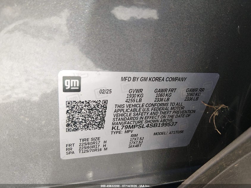 2025 Chevrolet Trailblazer VIN KL79MPSL4SB199537 IAAI salvage auction — LEFT FRONT, Clear (Arkansas), sold $4,800 on 2026-07-30 (photo 9)