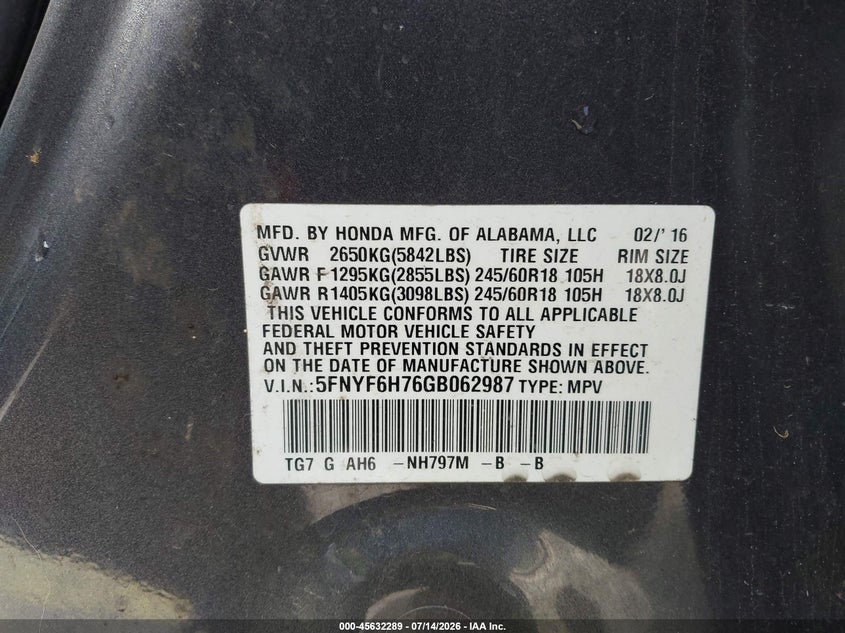 2016 Honda Pilot VIN 5FNYF6H76GB062987 IAAI salvage auction — MECHANICAL, Clear (Florida), sold $25 on 2026-07-26 (photo 9)