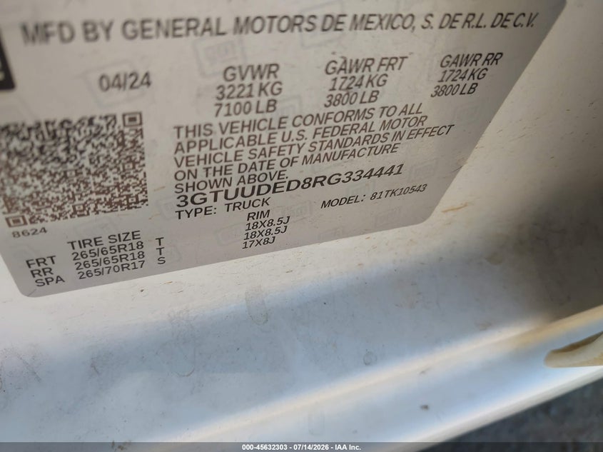 2024 Gmc Sierra 1500 VIN 3GTUUDED8RG334441 IAAI salvage auction — FRONT END, Enterprise Vehicles Clear Only (Oregon), sold $23,875 on 2026-07-22 (photo 9)