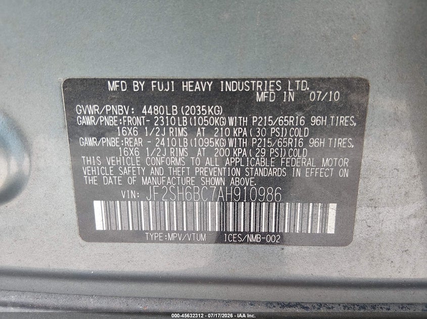2010 Subaru Forester VIN JF2SH6BC7AH910986 IAAI salvage auction — NORMAL WEAR, Clear (North Carolina), sold $500 on 2026-07-22 (photo 9)