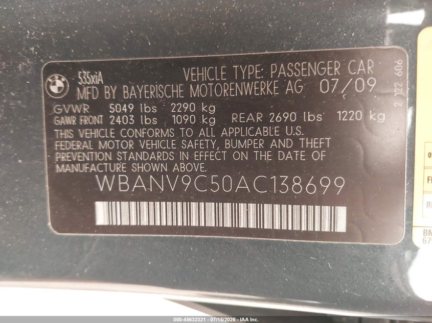 2010 BMW 5 series VIN WBANV9C50AC138699 IAAI salvage auction — NORMAL WEAR, Clear (Massachusetts), sold $875 on 2026-07-24 (photo 9)