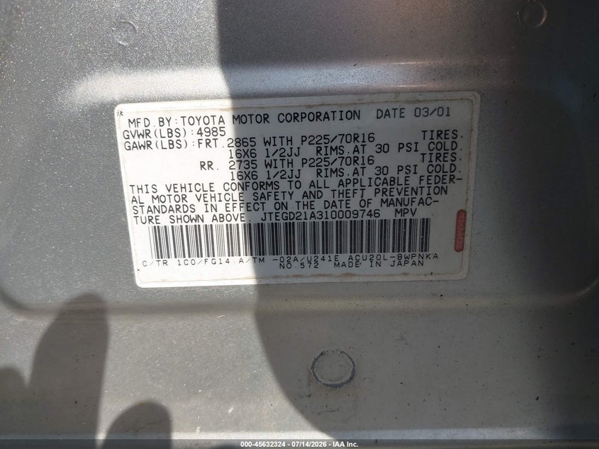 2001 Toyota Highlander VIN JTEGD21A310009746 IAAI salvage auction — FRONT & REAR, Clear (New Jersey), sold $1,175 on 2026-07-29 (photo 9)
