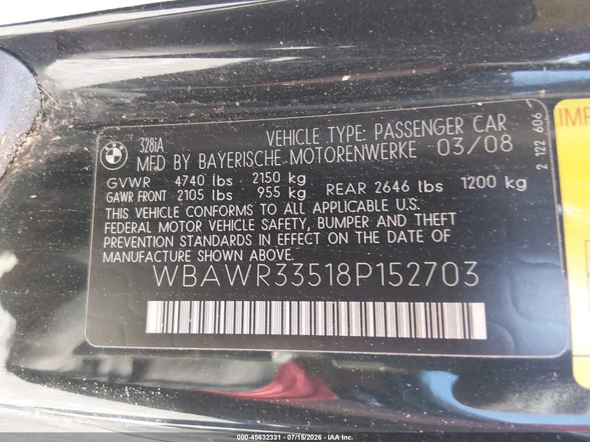 2008 BMW 3 series VIN WBAWR33518P152703 IAAI salvage auction — NORMAL WEAR, Clear (New Jersey), sold $675 on 2026-07-30 (photo 9)