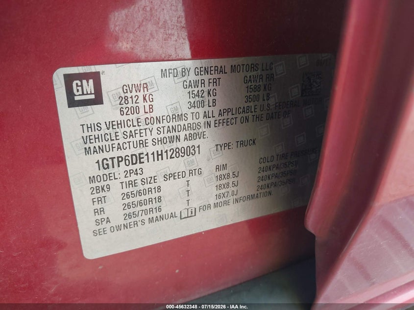 2017 Gmc Canyon VIN 1GTP6DE11H1289031 IAAI salvage auction — UNKNOWN, Salvage Title, sold $3,300 on 2026-07-31 (photo 9)
