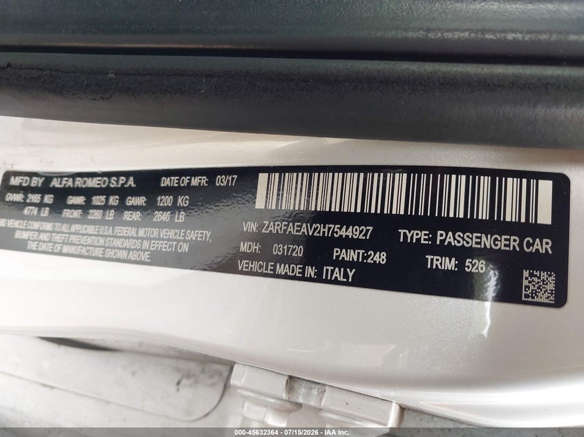 2017 Alfa romeo Giulia VIN ZARFAEAV2H7544927 IAAI salvage auction — FRONT END, Wait Title, sold $7,600 on 2026-08-25 (photo 9)