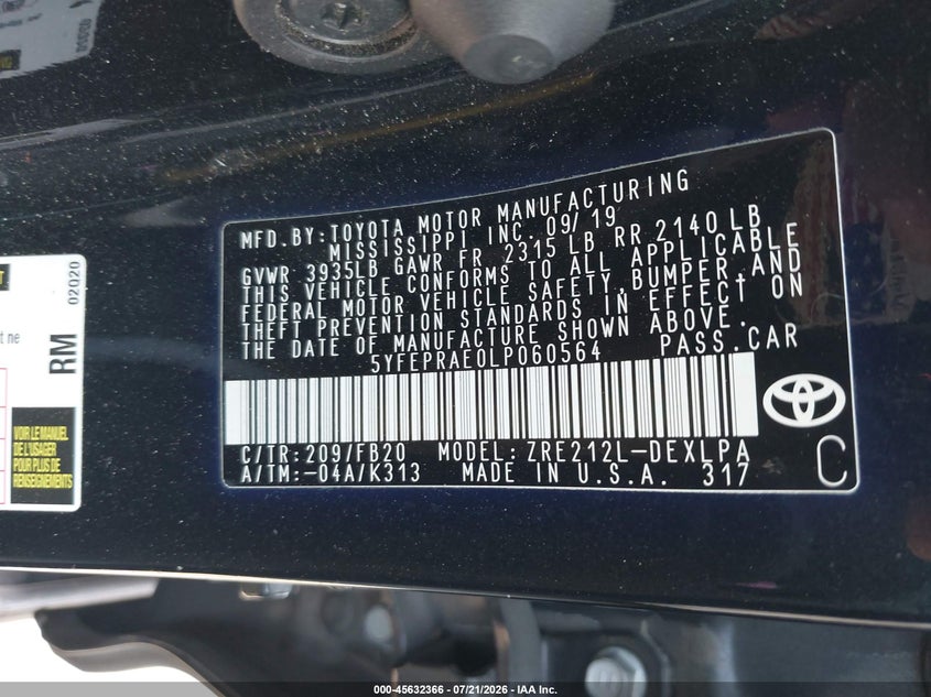 2020 Toyota Corolla VIN 5YFEPRAE0LP060564 IAAI salvage auction — REAR END, Salvage Certificate (California), sold $4,650 on 2026-07-31 (photo 9)