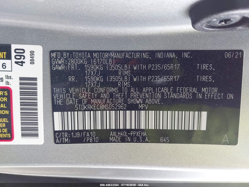 2021 Toyota Sienna VIN 5TDKRKEC8MS052962 IAAI salvage auction — SIDE, Nrc Lienholder Repossession Paperwork (Texas), sold $8,400 on 2026-07-29 (photo 9)